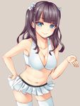  arios_(orochi_yuta) bangs blue_eyes blunt_bangs breasts brown_hair cleavage crop_top grey_background hand_on_hip highres long_hair looking_at_viewer medium_breasts navel original shiny shiny_skin simple_background skindentation smile solo stomach thighhighs white_legwear 