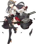  black_hair boots brown_eyes cannon detached_sleeves full_body haruna_(kantai_collection) headband kantai_collection konishi_(koconatu) long_hair looking_at_viewer nontraditional_miko official_art sarashi skirt solo thigh_boots thighhighs torn_clothes torn_legwear transparent_background 