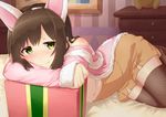  animal_ears blush brown_hair brown_legwear cat_ears fake_animal_ears fang fur_trim gift green_eyes idolmaster idolmaster_cinderella_girls kuroboshi_mozuku long_hair looking_at_viewer lying maekawa_miku on_side skirt solo striped striped_legwear thighhighs vertical-striped_legwear vertical_stripes zettai_ryouiki 