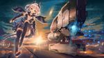  aircraft black_legwear blonde_hair blush breasts cleavage cloud dress fangxiang_cuoluan green_eyes headgear highres lens_flare looking_at_viewer mecha_musume mechanical_wings navel open_clothes original short_hair sky small_breasts smile solo tail thighhighs wings 