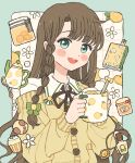  1girl :d blush_stickers book border bow braid brown_hair brown_ribbon cardigan commentary_request corrupted_twitter_file cup cupcake eeppa food fruit green_border green_bow green_eyes grid_background hair_bow highres holding holding_cup jar lemon lemonade long_hair long_sleeves looking_at_viewer mug neck_ribbon open_mouth original outside_border ribbon single_braid smile solo spoon teeth upper_body upper_teeth_only white_background yellow_cardigan 