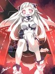  airfield_hime ankle_boots arm_support boots breasts glowing glowing_eyes hair_ornament jpeg_artifacts kantai_collection long_hair looking_at_viewer medium_breasts mtu_(orewamuzituda) open_mouth red_eyes shinkaisei-kan sitting solo white_footwear white_hair 