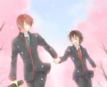  blush brown_hair cherry_blossoms closed_eyes couple crying graduation grin happy_tears holding_hands jacket little_busters! male_focus multiple_boys naoe_riki natsume_kyousuke necktie petals red_hair school_uniform sky smile tears tree yaoi 