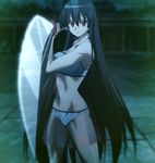  akame akame_ga_kill! black_hair bra breasts cleavage foreshortening highres katana long_hair navel panties red_eyes screencap skirt solo sports_bra sword underwear very_long_hair weapon x-ray 