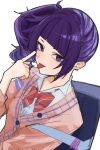  1girl absurdres blunt_bangs bow collared_shirt diagonal_bangs ear_piercing earrings eyelashes eyeshadow highres idolmaster idolmaster_shiny_colors jacket jewelry makeup medium_hair nail_polish piercing pink_jacket purple_eyes purple_eyeshadow purple_hair red_bow ryo---ta shirt side_ponytail simple_background solo tanaka_mamimi tongue tongue_out upper_body white_background white_shirt 
