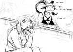 anthro bikini bikini_top bovid bulging_eyes caprine cigarette clothing demon duo eyewear female goat hi_res hladilnik jane_doe_(hladilnik) lucy_(hladilnik) mammal monochrome palm_tree plant sheep smoking sunglasses swimwear tree two-piece_swimsuit