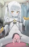  1girl absurdres air_conditioner banana blue_archive colored_skin ein_(blue_archive) extra_pupils food fruit highres looking_at_viewer merong_(sou47897) navel recording symbol-shaped_pupils twintails white_skin x-shaped_pupils yellow_eyes 