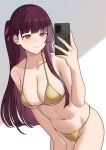  1girl bbk_(13zk) bikini blush breasts cellphone cleavage closed_mouth collarbone girls&#039;_frontline gold_bikini hair_ornament hair_ribbon highres holding holding_phone large_breasts leaning_forward long_hair navel phone purple_hair red_eyes ribbon selfie smartphone solo stomach swimsuit underboob wa2000_(girls&#039;_frontline) 