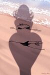  1girl alternate_ass_size artist_name ass beach bikini black_bikini dressed_shadow_(meme) highres huge_ass meme narrow_waist ocean one-punch_man rocky-ace shadow solo swimsuit tatsumaki unworn_bikini wide_hips 