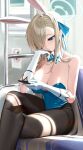  1girl absurdres animal_ears asuna_(blue_archive) asuna_(bunny)_(blue_archive) black_pantyhose blue_archive blue_bow blue_bowtie blue_eyes blue_halo blue_leotard blue_ribbon bocchi_(kuropom7) bow bowtie breasts brown_hair cleavage commentary_request detached_collar elbow_gloves fake_animal_ears gloves hair_over_one_eye hair_ribbon halo highres holding holding_phone large_breasts leotard long_hair looking_at_phone mole mole_on_breast official_alternate_costume pantyhose partial_commentary phone playboy_bunny revision ribbon sitting solo strapless strapless_leotard train_interior very_long_hair white_gloves 