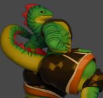 2025 3d_(artwork) anaroth anthro big_butt black_bottomwear black_clothing black_gloves black_handwear black_shorts blue_eyes bottomwear butt clothed clothing digital_media_(artwork) english_description epic_games fingerless_gloves footwear fortnite gloves green_body green_scales grey_background handwear hi_res knee_pads lizard lizzik_(fortnite) male mouth_closed orange_clothing orange_footwear orange_shoes red_clothing red_footwear red_socks reptile scales scalie shoes shorts simple_background socks solo tail thick_thighs topless topless_anthro topless_male