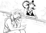 anthro bikini bikini_top bovid caprine cigarette clothing duo eyewear female gesture goat hand_gesture hi_res hladilnik jane_doe_(hladilnik) lucy_(hladilnik) mammal monochrome nervous pointing sheep smoking sunglasses swimwear two-piece_swimsuit