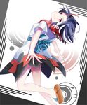  black_hair bow directional_arrow dress fang fang_out head_tilt highres horns kijin_seija multicolored_hair nee_(ttt_004) red_eyes red_hair shaft_look short_hair smile solo streaked_hair touhou white_hair 