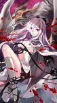  blood bow breasts cleavage drag-on_dragoon drag-on_dragoon_3 dragon dress flower flower_eyepatch gauntlets hair_bow highres kneehighs long_hair medium_breasts mikhail_(drag-on_dragoon) monogo red_eyes solo white_hair white_legwear zero_(drag-on_dragoon) 