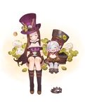  ^_^ blush boots breasts brown_gloves brown_hair caitlyn_(league_of_legends) cleavage closed_eyes clover clover_(flower) cup cupcake dress flower food four-leaf_clover gloves gwayo happy hat highres league_of_legends long_hair medium_breasts multiple_girls open_mouth pointy_ears purple_dress short_hair sitting smile spade_(shape) teacup tristana white_background white_hair yordle 
