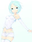  aqua_background aqua_ribbon armpits bare_shoulders belt blue_eyes blue_hair breasts collarbone cowboy_shot detached_sleeves gradient gradient_background hair_ornament hairclip highres looking_at_viewer midriff original outstretched_arm ribbon short_hair short_shorts shorts simple_background small_breasts smile solo spaghetti_strap thighhighs white_legwear white_shorts zizi_(zz22) 