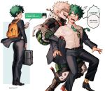  2boys absurdres alternate_costume ass bag bakugou_katsuki blonde_hair boku_no_hero_academia briefcase cellphone dekudash english_text front-to-back green_eyes green_hair green_necktie hand_on_another&#039;s_chest highres holding holding_briefcase holding_phone leg_between_thighs looking_at_another male_focus midoriya_izuku multiple_boys necktie open_clothes phone red_eyes scar scar_on_face scar_on_hand simple_background skin_tight smartphone spiked_hair suit teeth undressing 