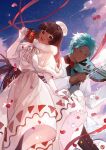  1boy 1girl :d aqua_eyes aqua_hair aqua_shirt black_pants blunt_bangs bow bow_(music) bowtie brown_eyes brown_hair capelet chinese_commentary closed_mouth cloud cocoa_cookie colored_eyelashes cookie_run cookie_run:_kingdom cup dark-skinned_female dark-skinned_male dark_skin dress elbow_gloves falling_petals feet_out_of_frame fur-trimmed_capelet fur_hat fur_trim gloves hat holding holding_bow_(music) holding_cup holding_instrument holding_violin humanization instrument jacket light_particles long_hair long_sleeves looking_at_viewer mint_choco_cookie mug outdoors pants parted_bangs petals print_dress print_mug red_bow red_bowtie seal_impression shirt short_hair skirt_hold smile standing suit_jacket traditional_bowtie triangle_print violin white_capelet white_dress white_gloves white_jacket xuedaixun 