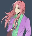  black_lipstick cosplay diavolo formal jojo_no_kimyou_na_bouken kidosora kira_yoshikage kira_yoshikage_(cosplay) lipstick long_hair makeup male_focus necktie pink_hair solo suit 