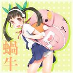  backpack bag bakemonogatari black_hair hachikuji_mayoi hairband highres katoma long_hair monogatari_(series) red_eyes ribbon solo twintails 