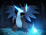  40cabbage blue_fire charizard claws commentary_request fire full_body grass mega_charizard_x mega_pokemon night no_humans outdoors pokemon pokemon_(creature) red_eyes solo 