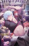  1boy abs absurdres black_shirt blue_hair blush character_doll clothes_lift crane_game elizabeth_(gintama) gintama gojou_satoru gugjang_b highres hijikata_toushirou in_crane_game japanese_clothes jujutsu_kaisen kagura_(gintama) kamui_(gintama) katsura_kotarou kimono looking_at_viewer male_focus muscular muscular_male red_eyes sadaharu sakata_gintoki sarutobi_ayame shimura_shinpachi shirt short_hair smile solo solo_focus takasugi_shinsuke 