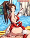  1boy 1girl :p after_buttjob ass breasts brown_hair buttjob buttjob_over_clothes clothed_female_nude_male cum cum_on_ass cum_on_body dock fatal_fury folding_fan from_behind girl_on_top hand_fan hetero high_ponytail highres holding holding_fan japanese_clothes large_breasts large_penis leotard long_hair looking_at_viewer looking_back motoyui nude penis ponytail red_leotard reit shiranui_mai the_king_of_fighters thighs tongue tongue_out very_long_hair water waterfall web_address yellow_eyes 
