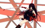  1girl akame akame_ga_kill! bare_shoulders black_hair highres katana long_hair necktie official_art red_eyes sitting skirt socks solo sword vambraces very_long_hair weapon 