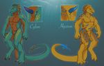  2014 anthro balls claspers cylon digitigrade duo erection flaccid frills genital_slit half-closed_eyes hyuron male model_sheet musckes penis scalie seadragon sheath slit smile spots tail_fin teeth tendrils tojo_the_thief 