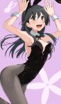  1girl :d animal_ears black_bow black_bowtie black_hair black_leotard black_pantyhose bow bowtie breasts commentary_request detached_collar fake_animal_ears highres k3rd leotard long_hair looking_at_viewer medium_breasts paid_reward_available pantyhose playboy_bunny purple_background rabbit_ears rabbit_pose saten_ruiko smile solo strapless strapless_leotard toaru_kagaku_no_railgun toaru_majutsu_no_index white_wrist_cuffs wrist_cuffs 