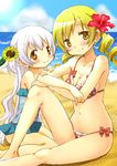  beach bikini blonde_hair blush bow breasts cleavage cloud collarbone day drill_hair flower hair_flower hair_ornament hibiscus highres horizon large_breasts long_hair looking_at_viewer mahou_shoujo_madoka_magica mahou_shoujo_madoka_magica_movie momoe_nagisa multicolored multicolored_eyes multiple_girls ocean one-piece_swimsuit orange_eyes outdoors polka_dot polka_dot_bikini polka_dot_swimsuit sitting sky smile striped striped_swimsuit swimsuit swimsuit_skirt tomoe_mami tsubaki_(tatajd) twin_drills white_hair yellow_eyes 