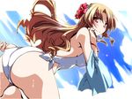  adjusting_clothes adjusting_swimsuit ass blonde_hair blue_sky breasts flower hair_flower hair_ornament hemogurobin_a1c hibiscus long_hair looking_at_viewer medium_breasts red_eyes sky smile solo sweat swimsuit touhou touhou_(pc-98) towel very_long_hair white_swimsuit yumeko 