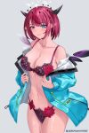  1girl asymmetrical_wings bare_shoulders black_horns black_wings blue_eyes blue_jacket blush bra breasts cleavage collarbone commentary cowboy_shot double_halo grey_background halo heterochromia highres hololive hololive_english horns irys_(gaming_casual)_(hololive) irys_(hololive) jacket large_breasts mismatched_wings off_shoulder official_alternate_costume official_alternate_hair_length official_alternate_hairstyle paid_reward_available panties pointy_ears purple_bra purple_eyes purple_hair purple_panties red_hair seraphim_throne short_hair simple_background solo underwear virtual_youtuber white_wings wings 
