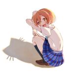  1girl black_socks blue_skirt blush brown_shoes cat_shadow_puppet_(meme) different_shadow fang from_side full_body hoshizora_rin kneehighs looking_at_viewer looking_to_the_side love_live! love_live!_school_idol_project meme open_mouth orange_hair osono_(osonokichi) otonokizaka_school_uniform pleated_skirt school_uniform shadow shadow_puppet shirt shoes short_hair short_sleeves simple_background skin_fang skirt smile socks solo squatting summer_uniform white_background white_shirt yellow_eyes 