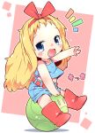  1girl arm_up belt blonde_hair blue_eyes blue_shirt blush_stickers boots bow child commentary_request denim denim_shorts forehead gundam hair_bow haro highres kikka_kitamoto long_hair midriff mobile_suit_gundam navel nomeoil open_mouth red_boots red_ribbon ribbon robot shirt shorts sitting sleeveless sleeveless_shirt smile 