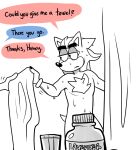 2025 anthro asking asking_another beastofeuthanasia bent_arm black_claws black_eyebrows black_nose bottle bracelet chest_tuft claws container convenient_censorship dialogue digital_drawing_(artwork) digital_media_(artwork) duo english_description english_text eulipotyphlan eyebrows finger_claws grey_eyelids greyscale half-closed_eyes hedgehog holding_object holding_towel jewelry male male_anthro mammal monochrome mostly_nude_anthro mostly_nude_male mostly_offscreen_anthro mostly_offscreen_character mostly_offscreen_male motion_lines narrowed_eyes navel nickname question sega shaded shadow_the_hedgehog shower_curtain simple_shading sonic_the_hedgehog sonic_the_hedgehog_(series) speech_bubble tail talking_to_another talking_to_partner text thick_eyebrows towel tuft water wet wet_body white_body white_towel