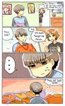  2boys 4koma blush brown_eyes brown_hair cat clothes_writing comic door doujima_nanako english expressionless from_behind grey_eyes grey_hair hanamura_yousuke jitome kataro kuma_(persona_4) left-to-right_manga logo multiple_boys narukami_yuu nine_inch_nails painting_(object) palms persona persona_4 poster_(object) shirt short_sleeves speech_bubble spoken_ellipsis sweat t-shirt talking thought_bubble 