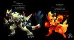  boxing_gloves character_name electivire flareon fusion hitmonchan josephine_(cat-meff) mega_pokemon no_humans pokemon pokemon_(game) pokemon_xy sceptile signature typo 