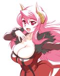 :d breasts cleavage dress fur_trim horns large_breasts long_hair long_sleeves maou_(maoyuu) maoyuu_maou_yuusha open_mouth red_eyes red_hair smile solo ueyama_michirou 