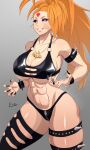 1girl abs absurdres bandaid bandaid_on_face big_hair black_sclera bondage_outfit breasts captain_mizuki claws cleavage colored_sclera corruption cosplay crotch_zipper dark_persona earrings facial_mark forehead_mark heart heart_o-ring heart_ring_top highres jewelry kaijin_hime_do-s kaijin_hime_do-s_(cosplay) koa19mvd large_breasts long_hair looking_at_viewer medal midriff muscular muscular_female navel o-ring one-punch_man orange_hair panties ponytail purple_eyes smile solo underwear zipper_panties 