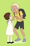  1girl backpack bad_id bad_twitter_id bag blonde_hair brown_hair child dress gamagoori_ira green_background height_difference kill_la_kill mankanshoku_mako tears yahoklh younger 