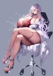  1girl absurdres alna_(mu5fal) breast_milk breasts chair coat commentary_request doctor dress feet highres huge_breasts lactation lactation_through_clothes large_areolae legs long_hair nail_polish original projectile_lactation red_dress red_eyes sitting solo thighs toenail_polish toenails toes unworn_coat white_coat white_hair 