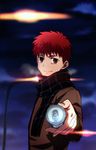  brown_eyes can canned_coffee drink emiya_shirou fate/stay_night fate_(series) giving holding lamppost looking_at_viewer male_focus night night_sky red_hair scarf sky smile solo sunday31 