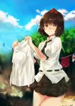  black_hair blue_sky blush bow cloud day hat ken_(coffee_michikusa) looking_at_viewer nature one_eye_closed pom_pom_(clothes) puffy_sleeves red_eyes shameimaru_aya shirt short_hair short_sleeves skirt sky smile solo tokin_hat touhou tree 