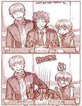  2boys 2koma adachi_tooru anger_vein birthday_cake cake comic double_v doujima_nanako english food glass kataro multiple_boys narukami_yuu onomatopoeia persona persona_4 silent_comic spoilers v 