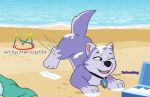 beach blue_eyes canid canine canis collar cooler cooling_off domestic_dog english_text everest_(paw_patrol) female feral hi_res husky mammal marvispot84 nickelodeon nordic_sled_dog paw_patrol running siberian_husky snow solo spitz text