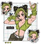  1girl :o arm_warmers black_arm_warmers black_border black_hair blush border bug bun_with_braided_base butterfly cargo_pants character_name chibi chibi_inset cone_hair_bun cowboy_shot cropped_jacket double_bun dynamic_pose english_text frilled_jacket frilled_sleeves frills fu_r_y green_arm_warmers green_eyes green_hair green_jacket green_lips green_shirt grid_background hair_between_eyes hair_bun hand_on_own_cheek hand_on_own_face heart highres jacket jojo_no_kimyou_na_bouken kujo_jolyne midriff multicolored_hair navel one_eye_closed outline pants pointing pointing_at_self pointing_up shirt single_arm_warmer star_(symbol) star_on_cheek sticker stone_ocean striped_arm_warmers striped_clothes striped_shirt tied_jacket two-tone_hair white_border white_outline white_shirt 