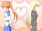  2girls artist_request auburn_hair blonde_hair eyes_closed fate_testarossa heart heart_of_string lyrical_nanoha mahou_senki_lyrical_nanoha_force mahou_shoujo_lyrical_nanoha mahou_shoujo_lyrical_nanoha_strikers mahou_shoujo_lyrical_nanoha_vivid military military_uniform multiple_girls ponytail red_string red_string_of_fate smile string takamachi_nanoha uniform yuri 