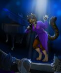 2025 airam ambiguous_species anthro audience background_character black_hair bobcat canid canine canis clothing concert concert_hall digitigrade domestic_cat domestic_dog dress electronics felid feline felis female gaikotsu grand_piano green_eyes group hair hi_res highlights_(coloring) keyboard_instrument leg_markings long_hair looking_at_another looking_down lynx male mammal markings microphone musical_instrument pawpads performance piano playing_music playing_piano signature singing smile socks_(marking) sparkles spotlight spotlight_beam stage stripes tauski wolf