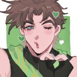  1boy :o bare_shoulders battle_tendency blue_eyes blush brown_hair curtained_hair drawn_heart eyelashes green_scarf green_shirt green_theme heart heart_hands highres jojo_no_kimyou_na_bouken joseph_joestar joseph_joestar_(young) looking_at_viewer male_focus matubaru_chan messy_hair multicolored_scarf one_eye_closed parted_bangs portrait scarf shirt short_hair sleeveless sleeveless_shirt solo striped_clothes striped_scarf yellow_scarf 
